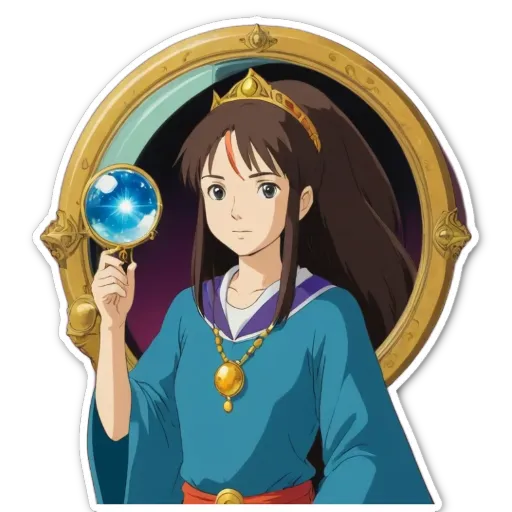 A girl is wearing a crown and holding a magnifying glass.