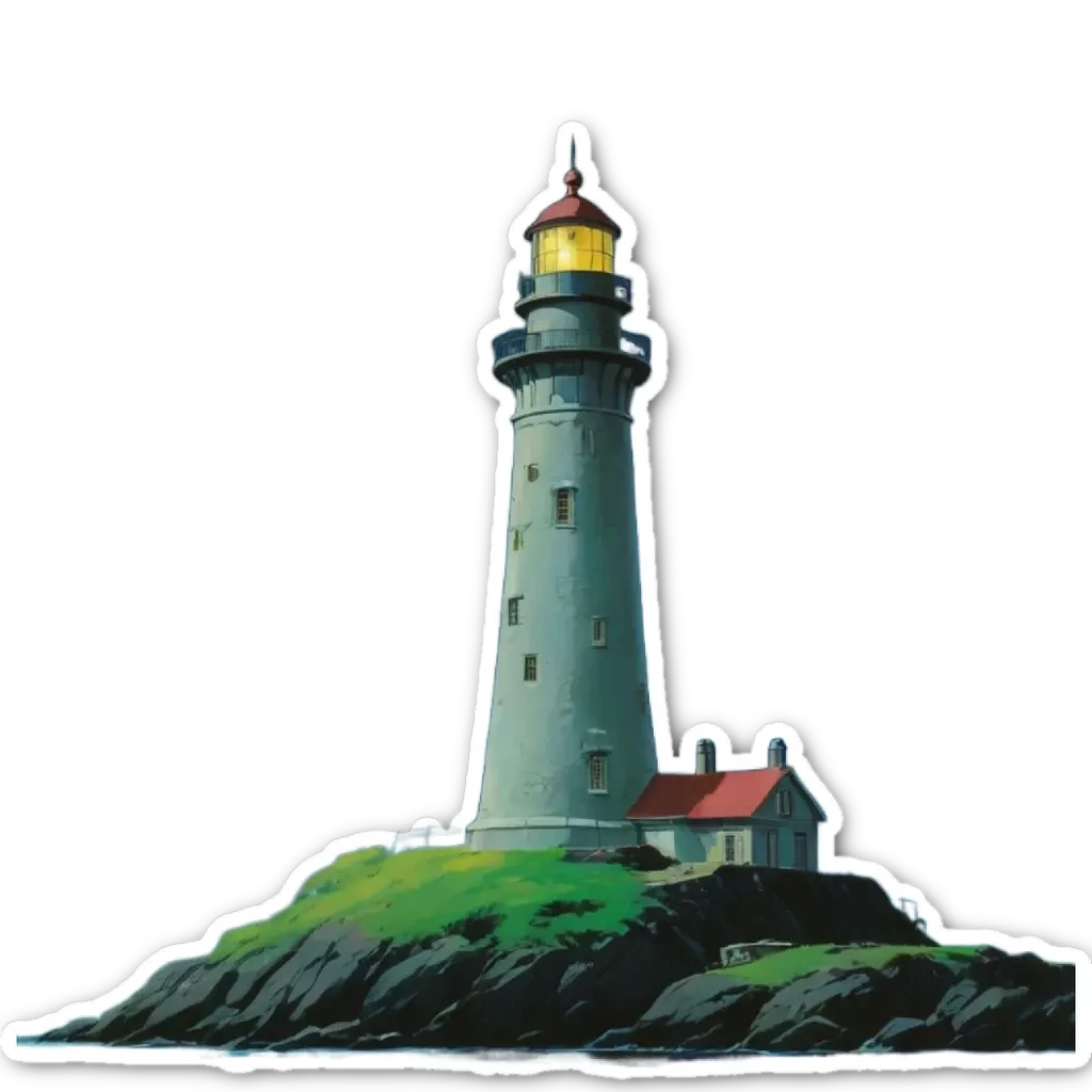 A sticker of a lighthouse on a black background.