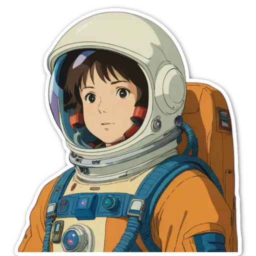 A girl in a space suit is looking at the camera.