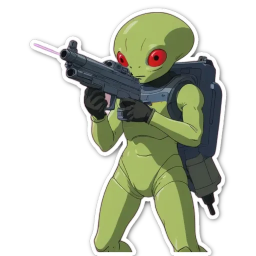 A green figure with a gun that is holding it in front of its face.