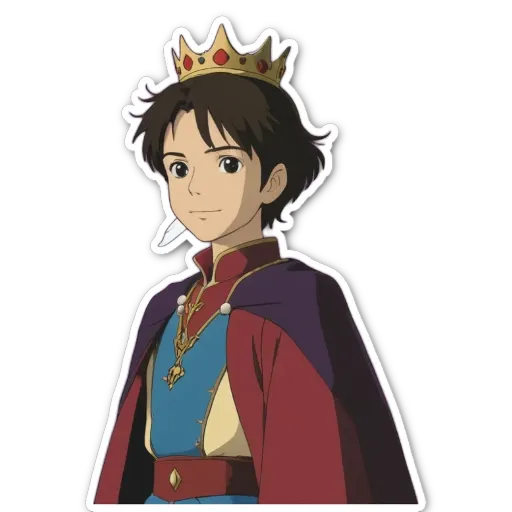 A boy wearing a crown and a cape, with a knife in his hand.