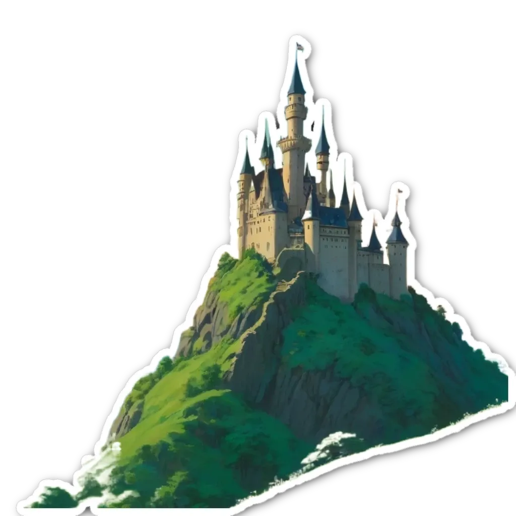 A sticker of a castle that is hight and green.