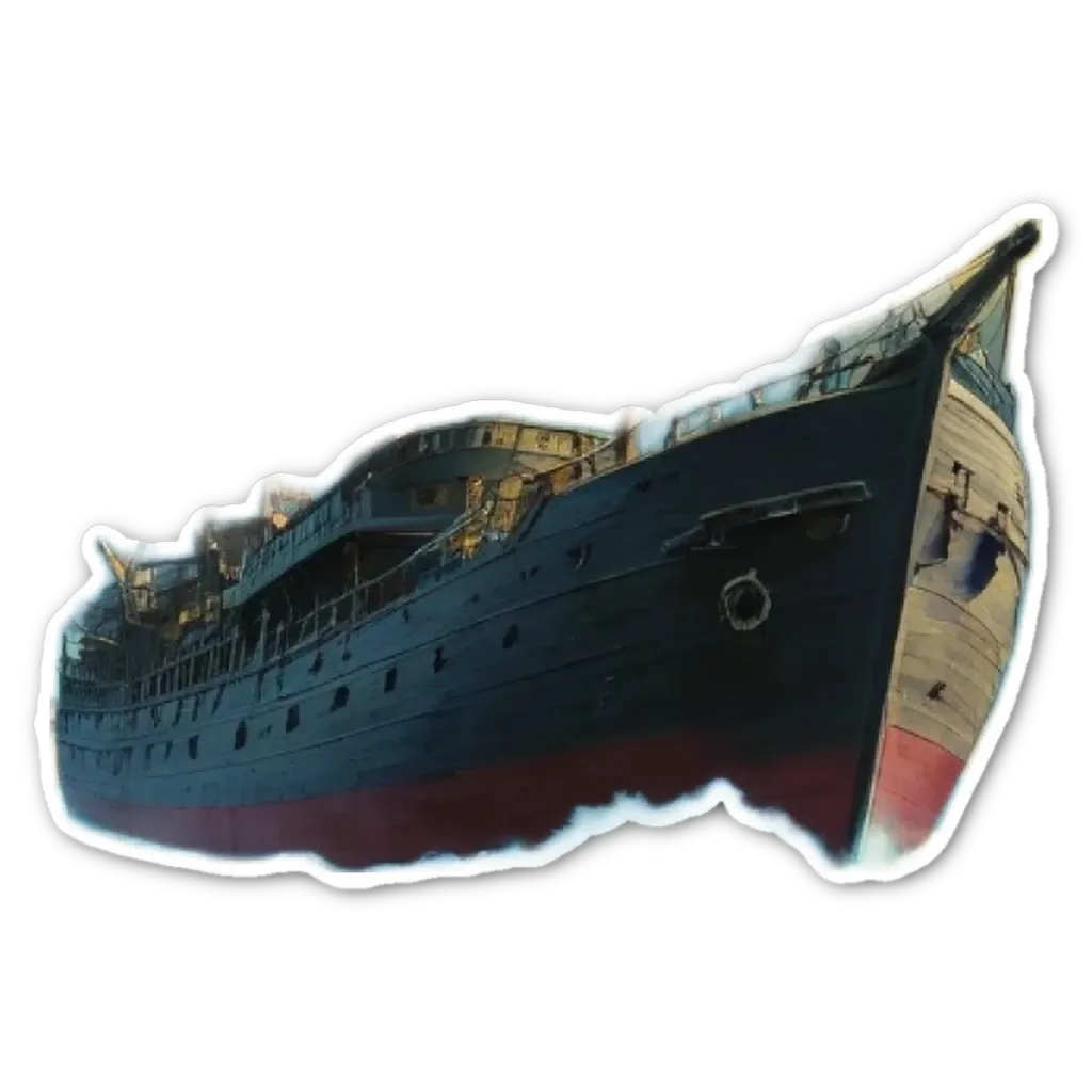 A sticker of a ship that is blurred out.