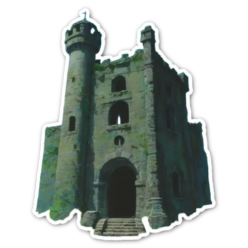 A sticker of a castle with a black background.