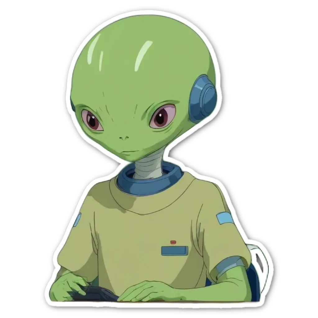 A sticker of an alien that is playing video games.