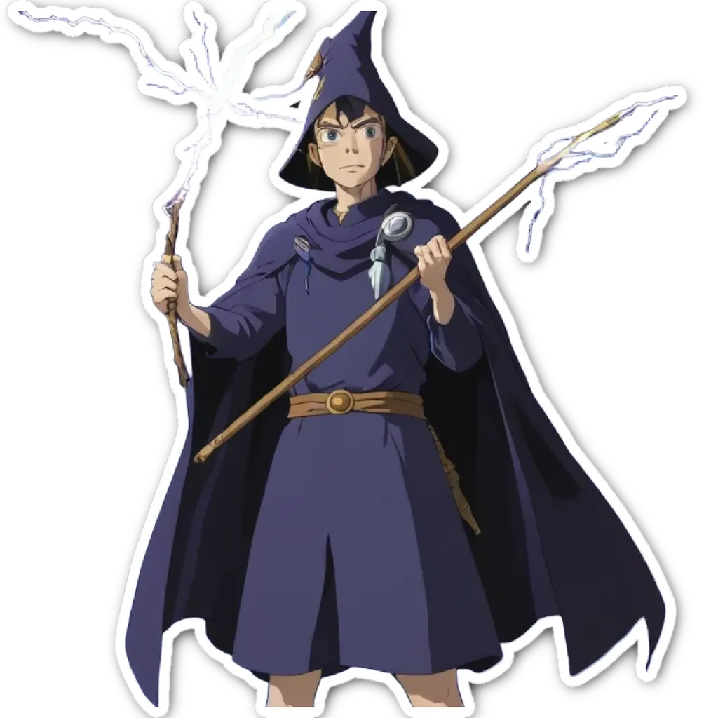 An anime character that is wearing a purple robe and holding two wands.