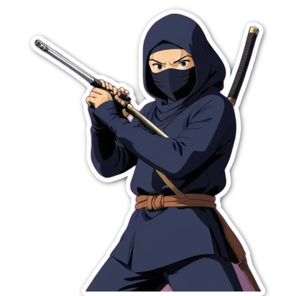 A sticker of a ninja with sticks and a mask.