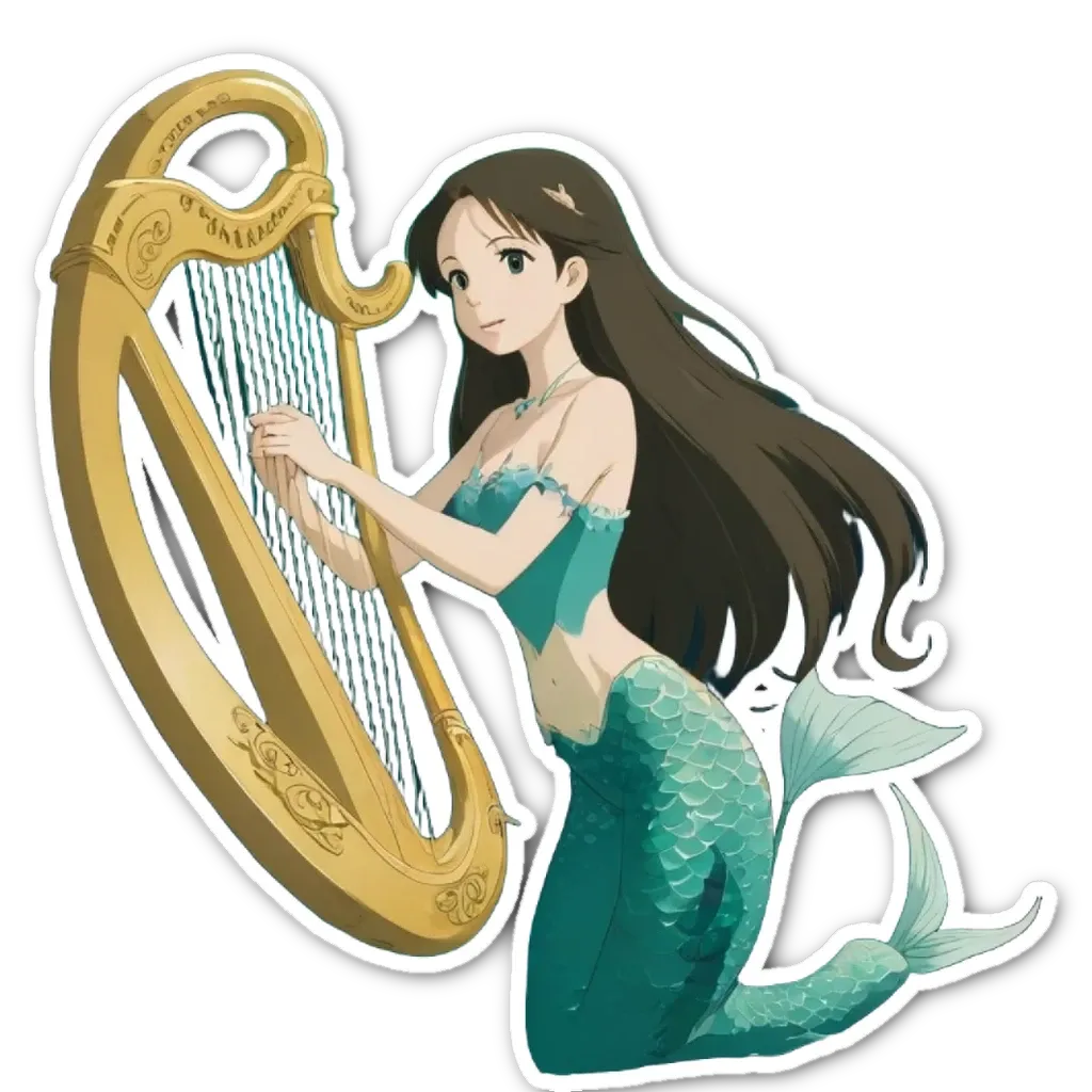 A girl plays a harp in a sea with a mermaid tail.