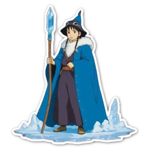 A boy is wearing a blue robe and holding a stick.