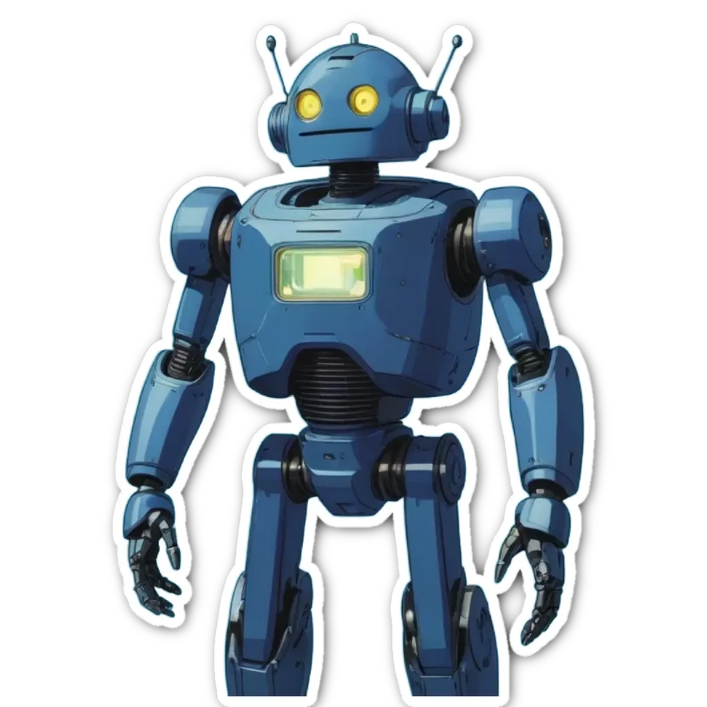 A blue robot is standing on a black background.