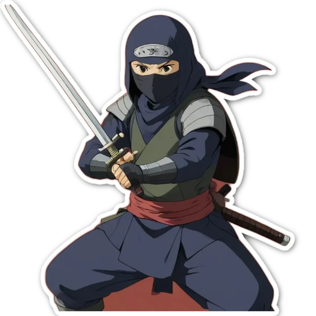 A sticker of a person with a sword that is holding it up.