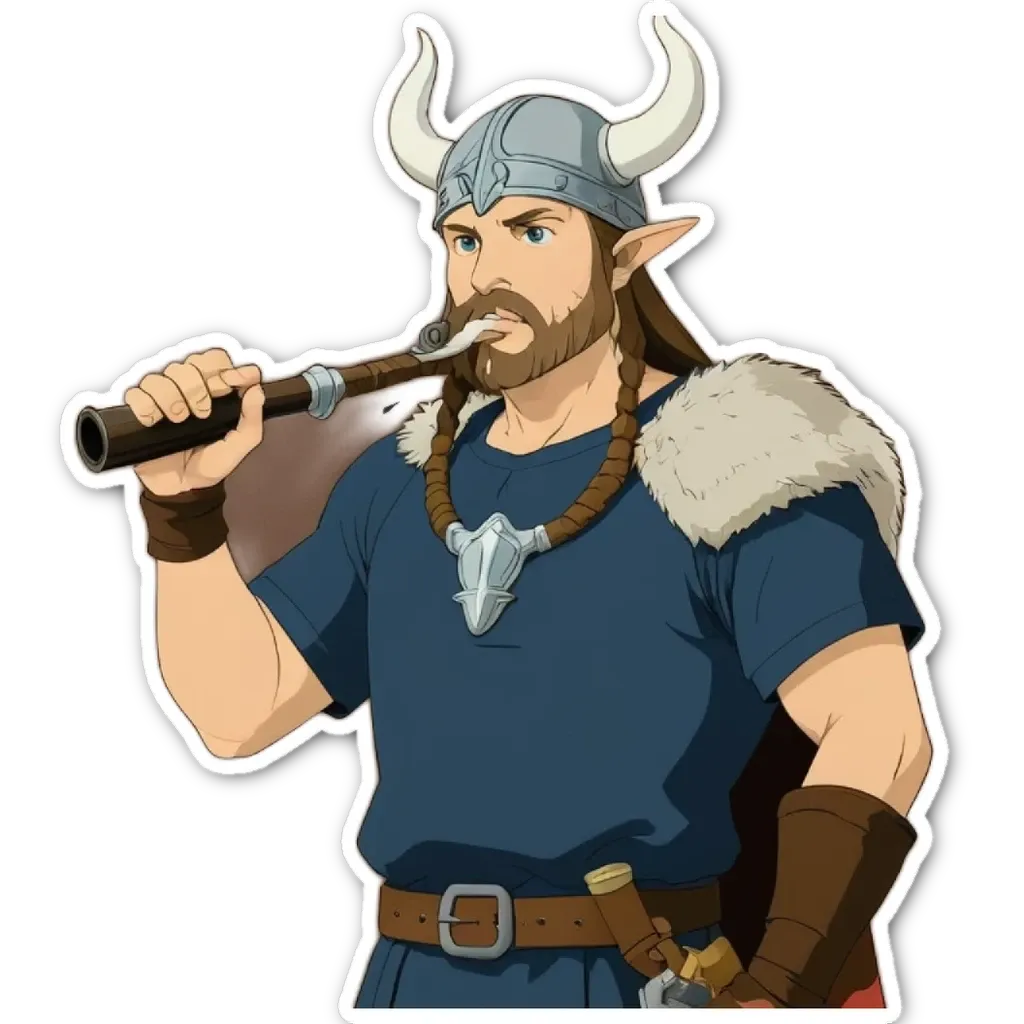 A man wearing a blue shirt and a Viking hat.