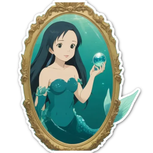 A girl holding a ball in her hand that is in a picture of a mermaid.