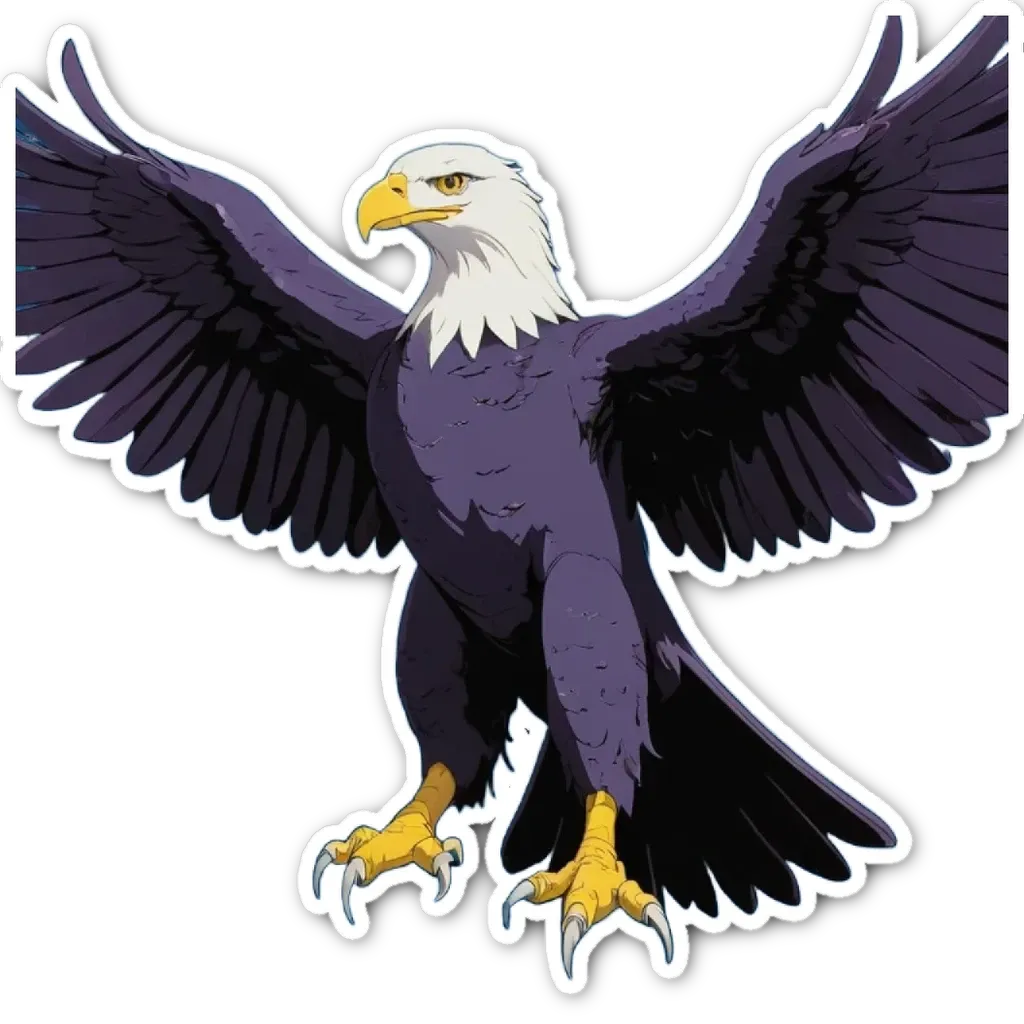 A sticker of an eagle with claws in the foreground.