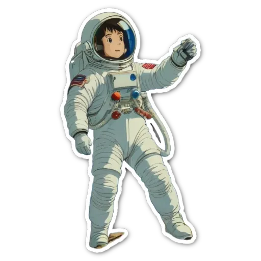 A space man in a uniform pointing to the sky.