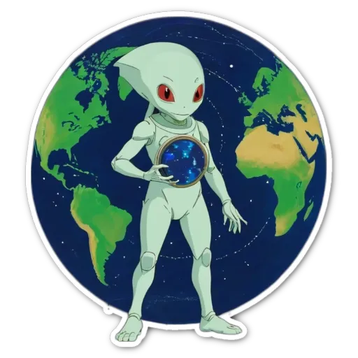 A cartoon depiction of an alien in space holding the Earth.