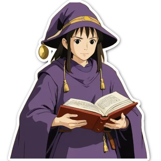 A sticker of a young woman who looks to be a witch.