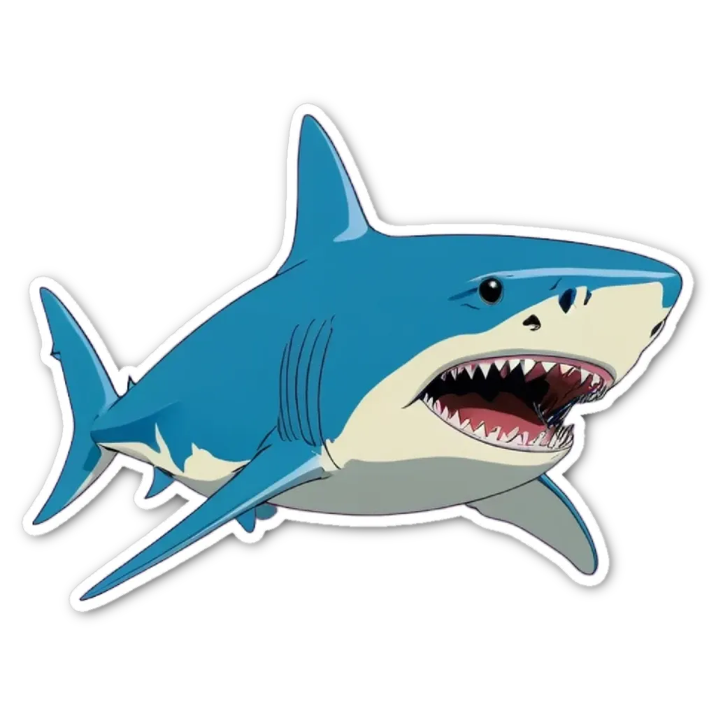 A blue and white shark sticker on a black background.