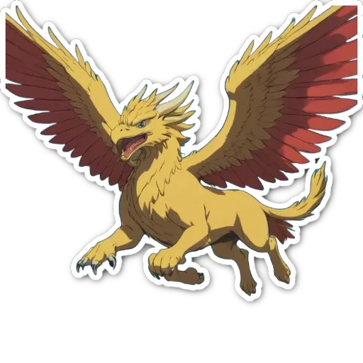 A sticker of a bird with red wings and a yellow body that is attacking a dragon.