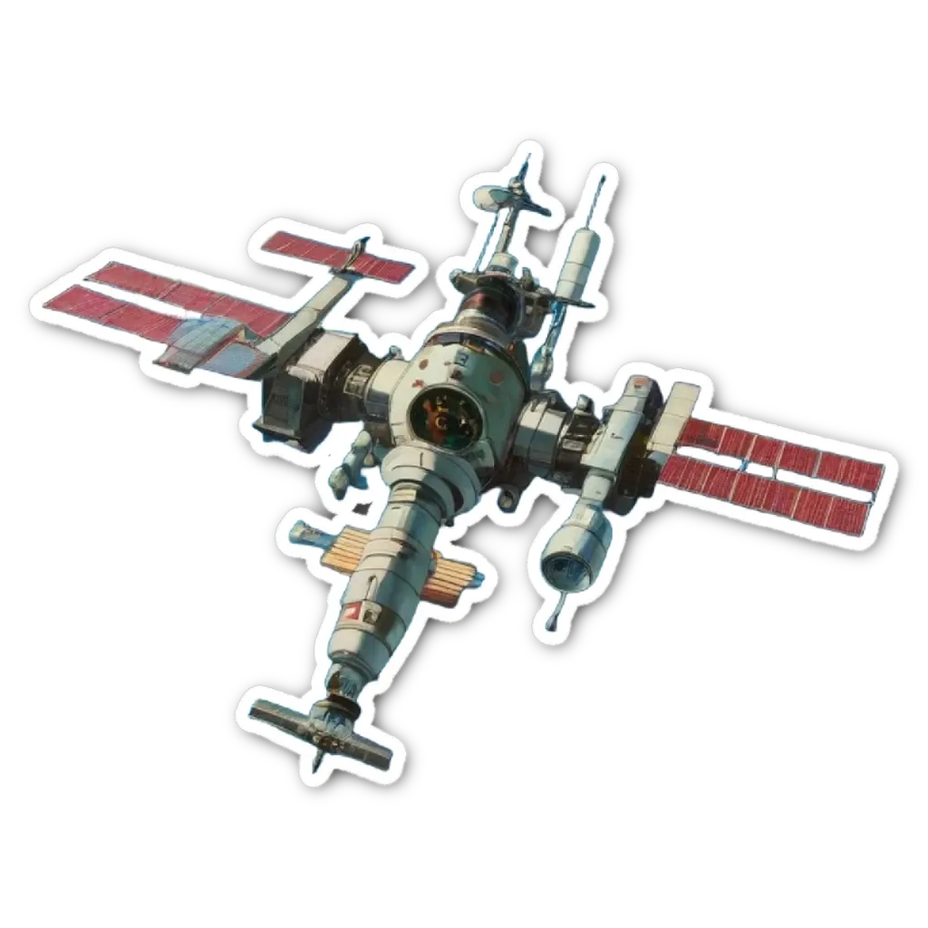 A space station sticker with a clock on the front.