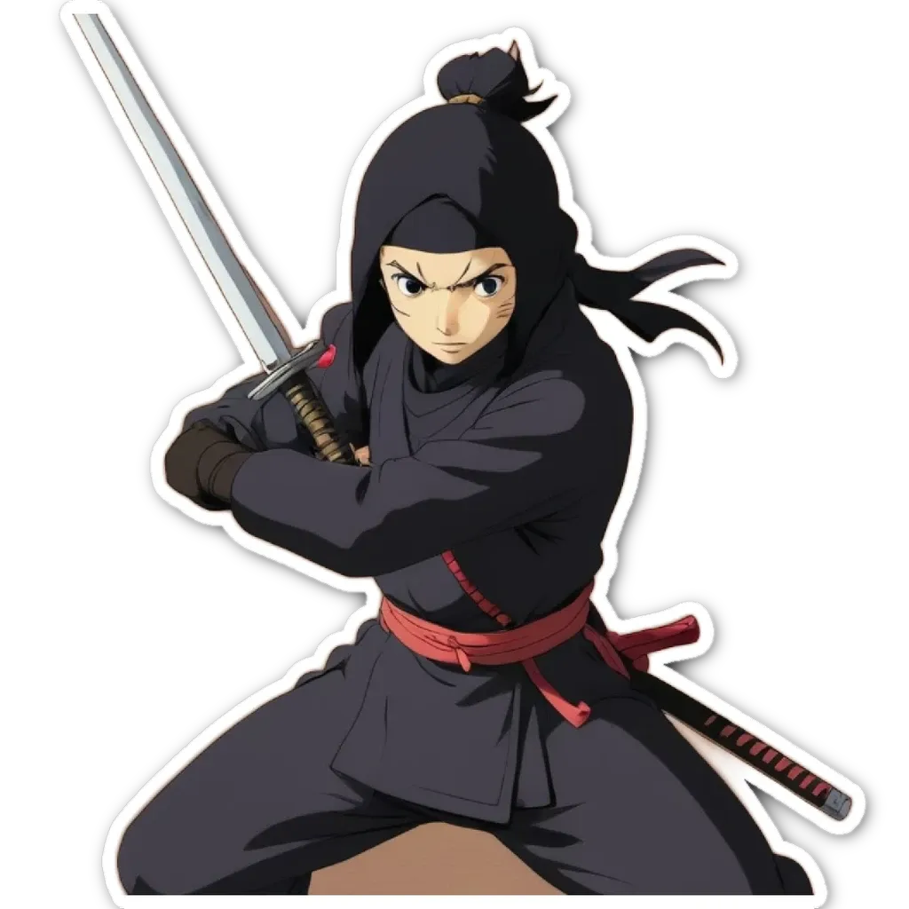 A sticker of a ninja with a sword.