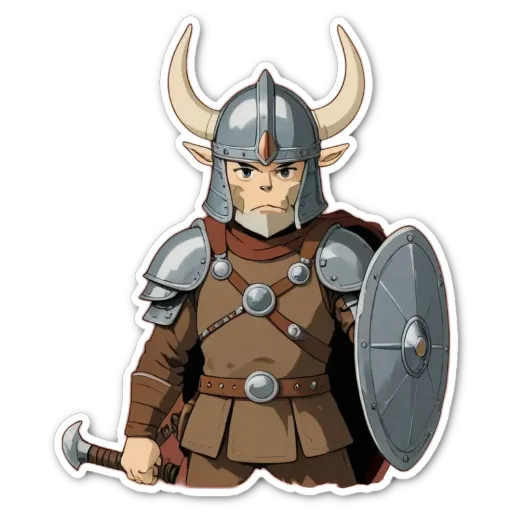 A character from a video game is holding a shield and standing in a dark background.