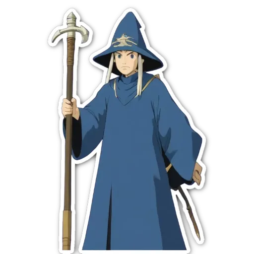 A cartoon depiction of a blue wizard with a staff.