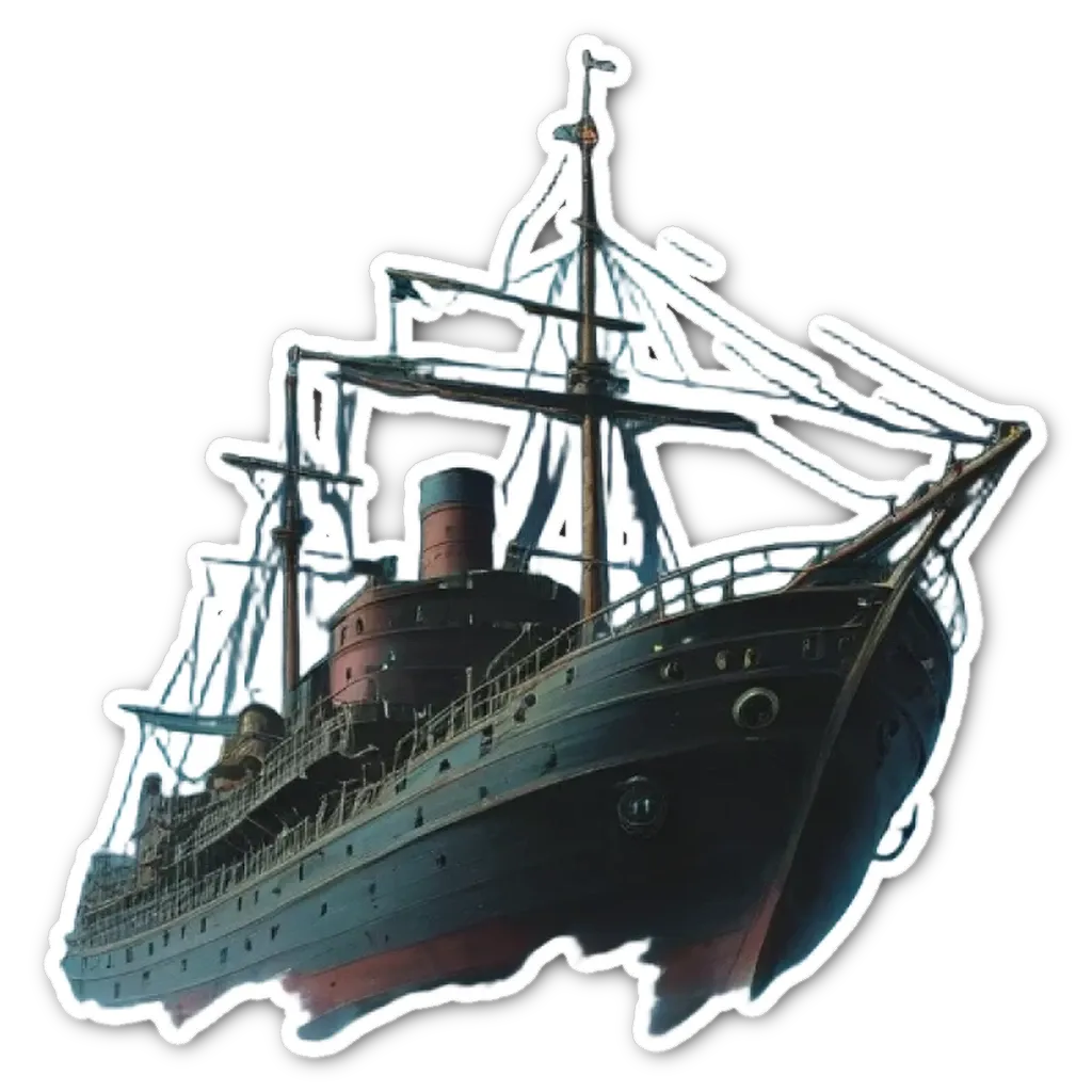 A sticker of a ship that is upside down.