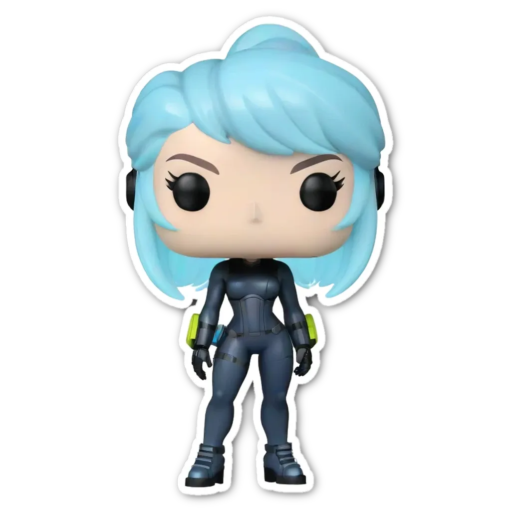 A women who is wearing a black and blue outfit by some kind of pop up figure.