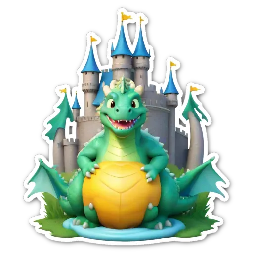 A sticker of a dragon eating a ball of gold in front of a castle.