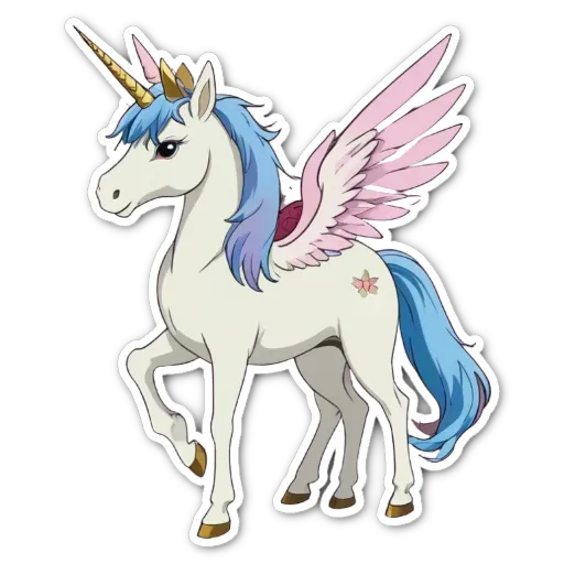 A white unicorn with blue eyes and pink wings on a black background.