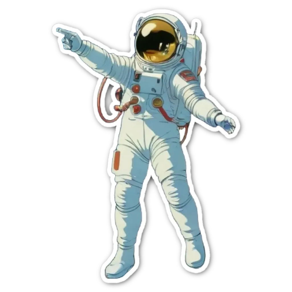 A sticker of an astronaut pointing to the sky.