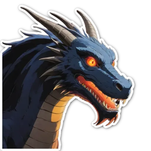 A sticker of a dragon with red eyes and yellow teeth.