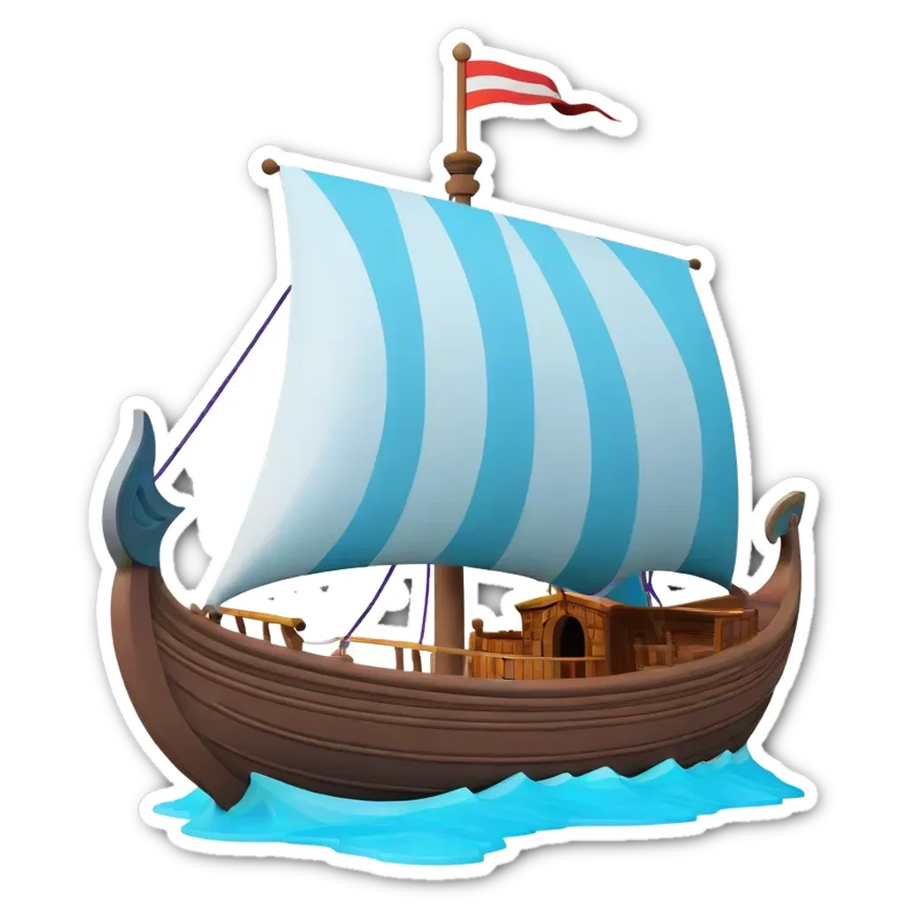 A sticker of a ship in the ocean that is blue and white.