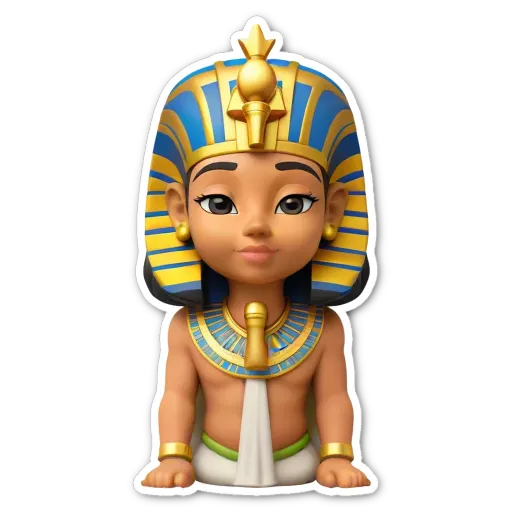 An Egyptian pharaoh is depicted wearing a blue and gold headdress.