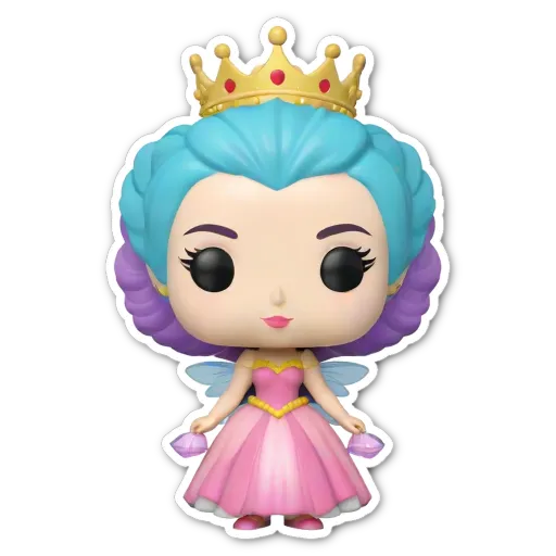 A colorful doll wearing a pink dress with blue hair and a tiara.