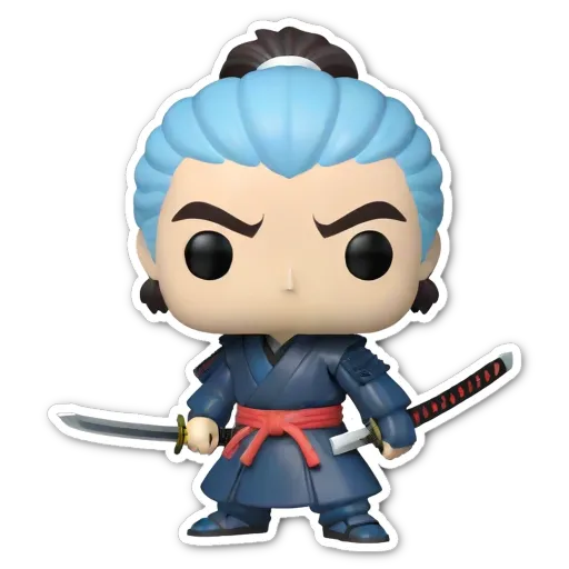 A figurine of a warrior holding a sword with blue hair.