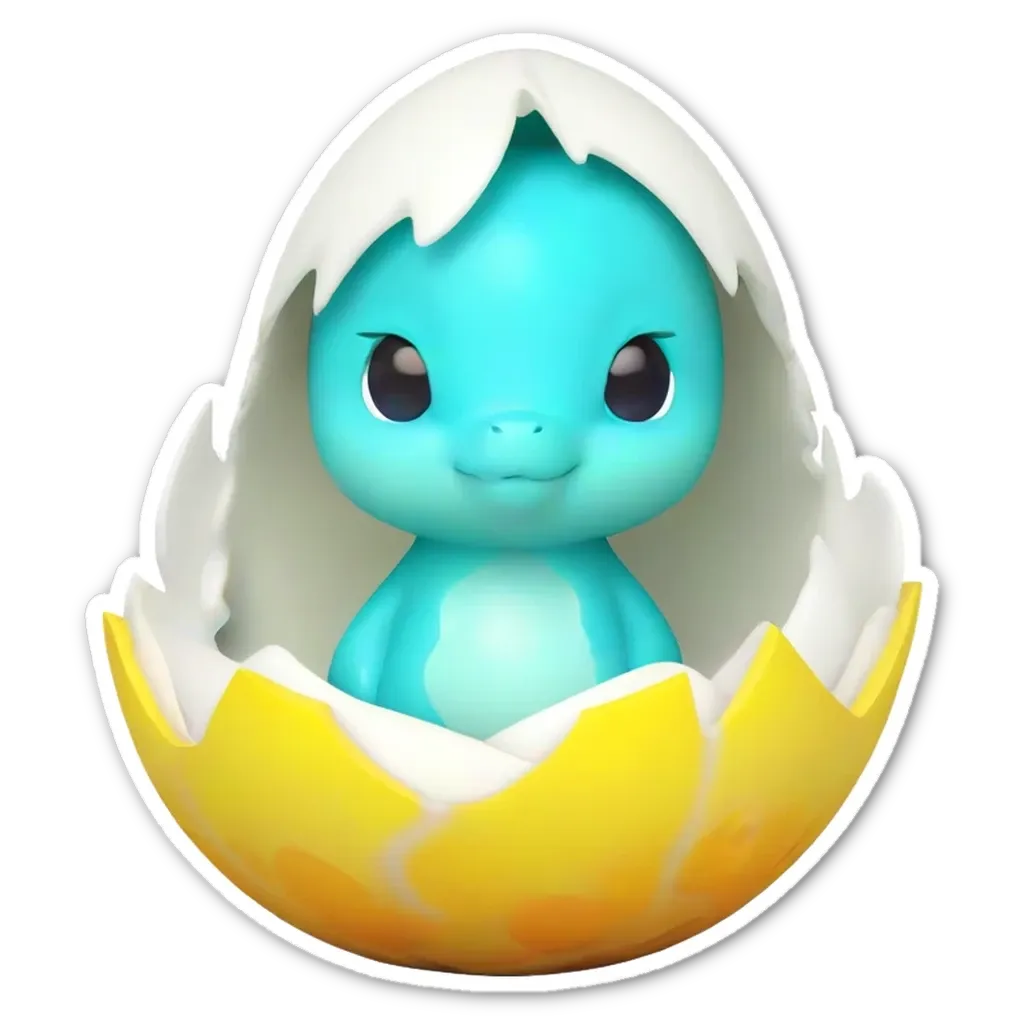 A blue animal in a egg style container with a yellow egg on a black background.