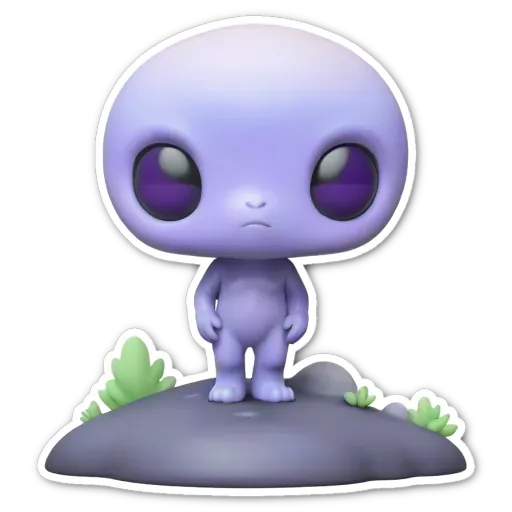 A sticker of a pop figure that is purple in color.