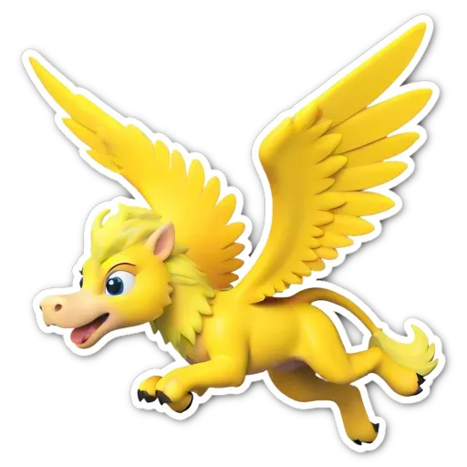 A yellow creature with wings is flying across a background.