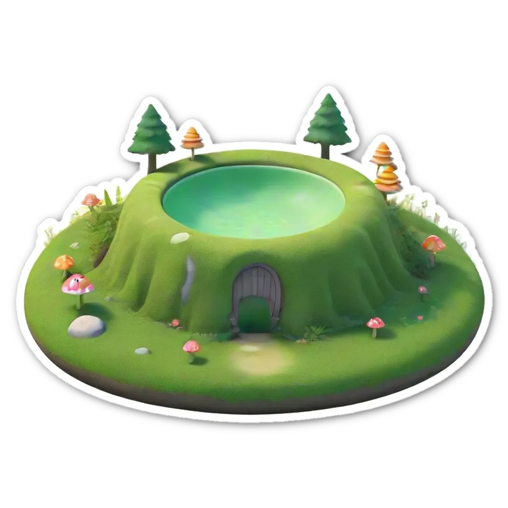 A green and black sticker of a pool with trees and a cave.