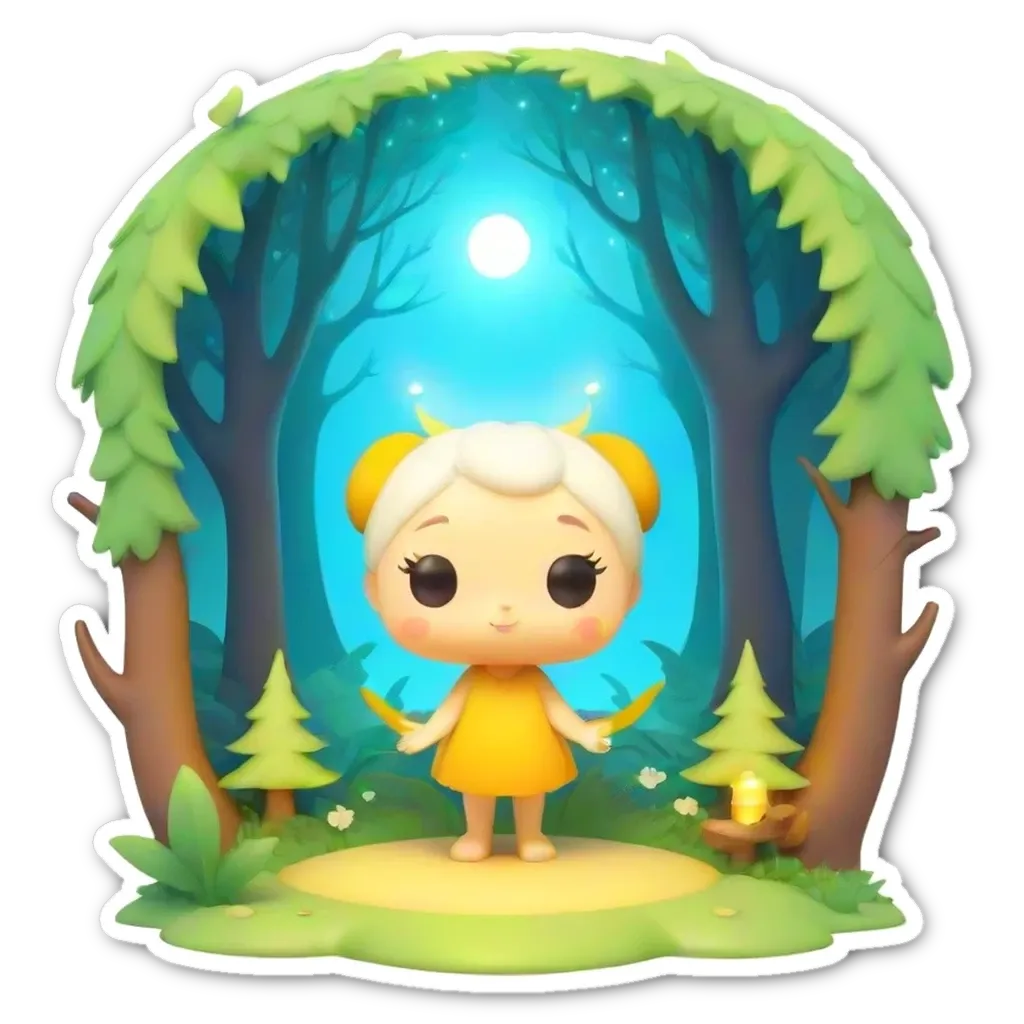 A sticker of a girl in a forest with a full moon.