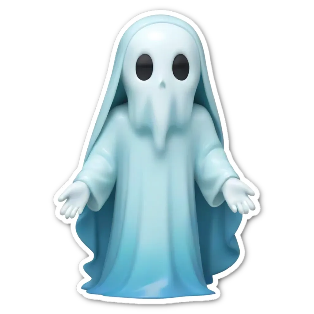 A ghost with a long white dress and two black eyes.