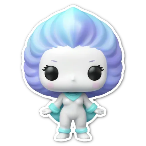 A colorful pop figure with blue eyes and a white body.