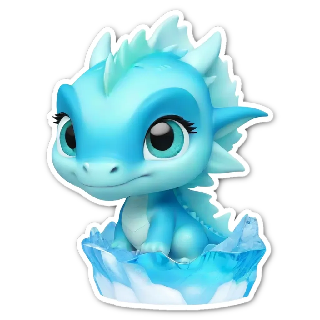 A blue cartoon dragon is sitting on a block of ice.