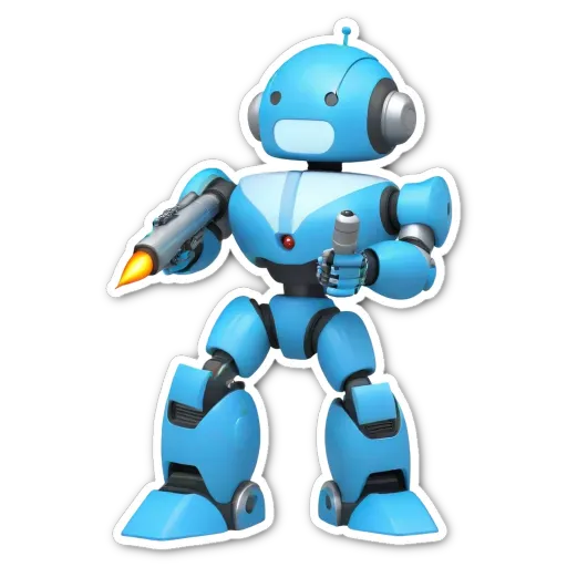 A blue robot with a gun that is holding it up.