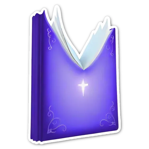 A purple book with a cross in the middle has a large M on the cover.