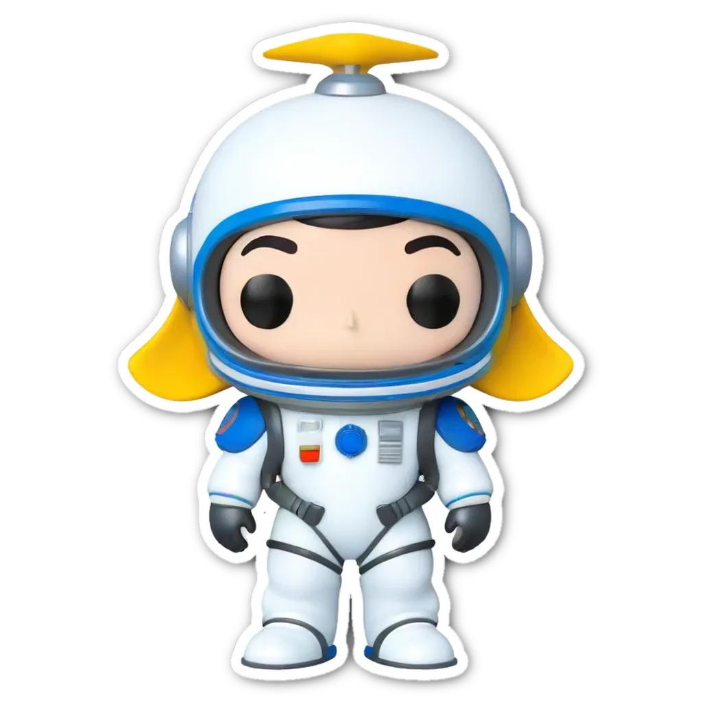 A space man that is wearing a helmet and a blue and white suit.