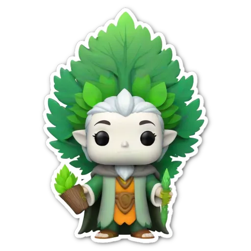A colorful figure with a green headdress holding a tree branch.