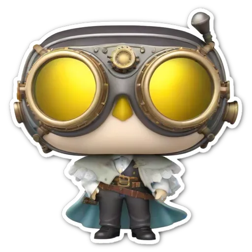 A sticker of a steampunk person wearing goggles and a cape.